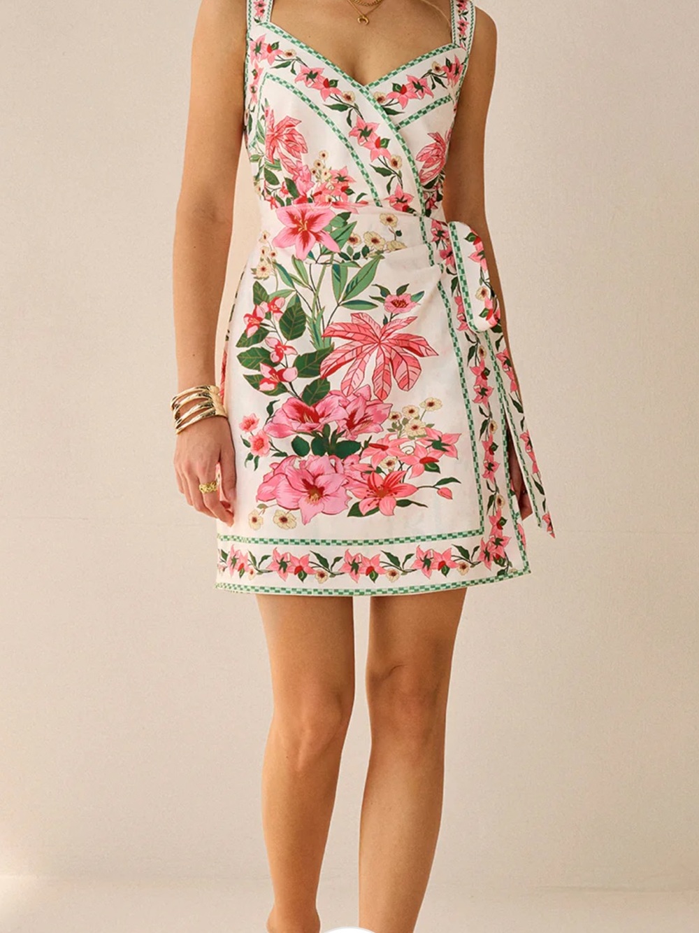 Commense Pink Floral Wrap Mini Dress on Cream
